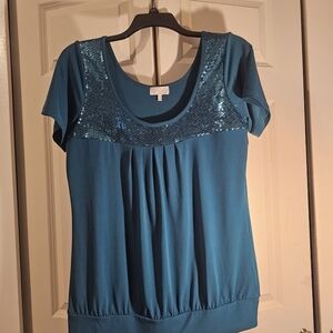Maurices Teal Short Sleeve Sequin Scoop Neck Top 1X